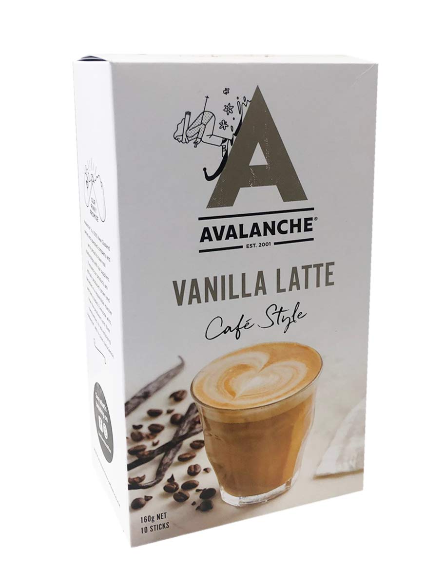 Avalanche caja frontal Vanilla Latte mostrando 10 sticks y ventaja de porciones