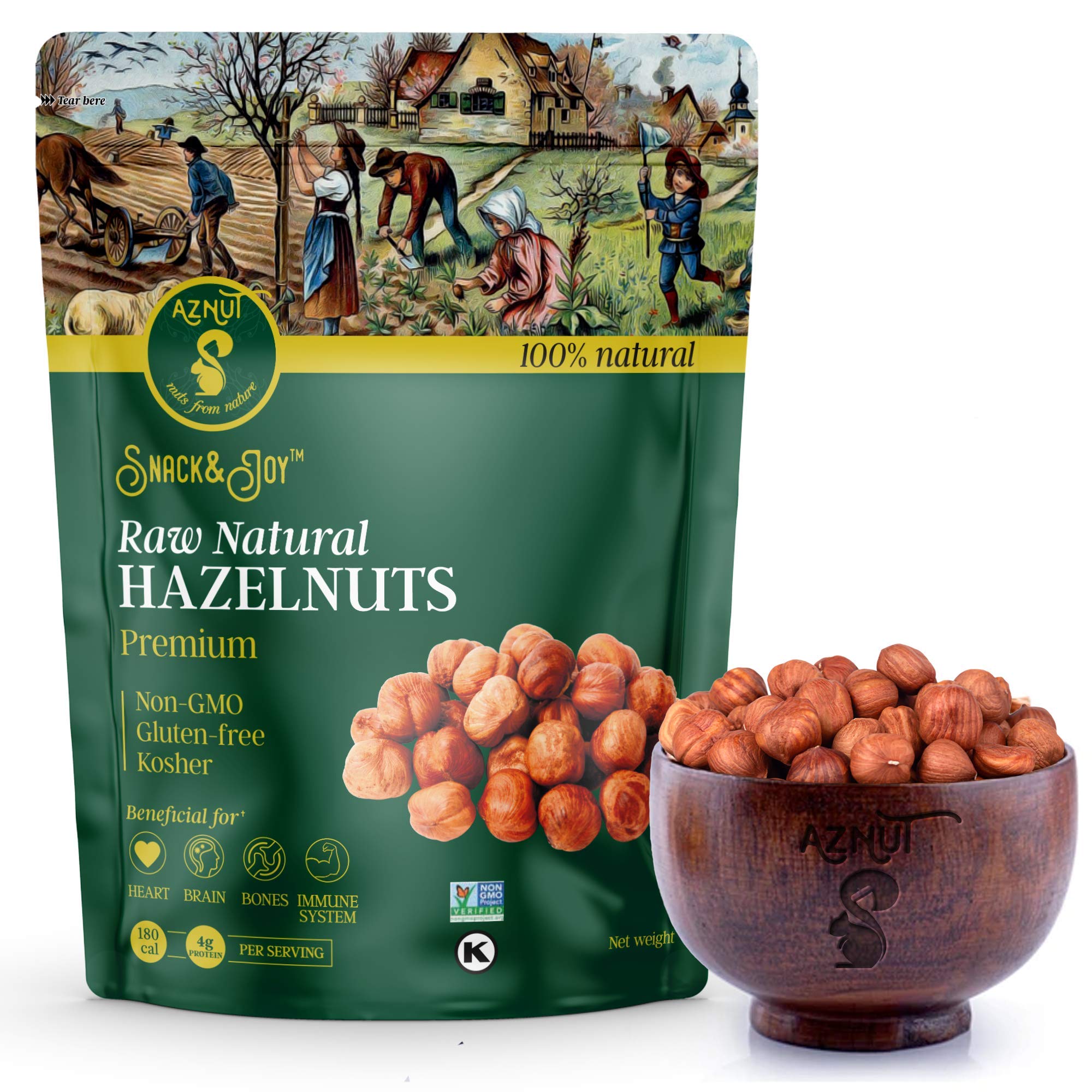 AZNUT avellanas vista frontal del empaque, calidad premium y conveniencia