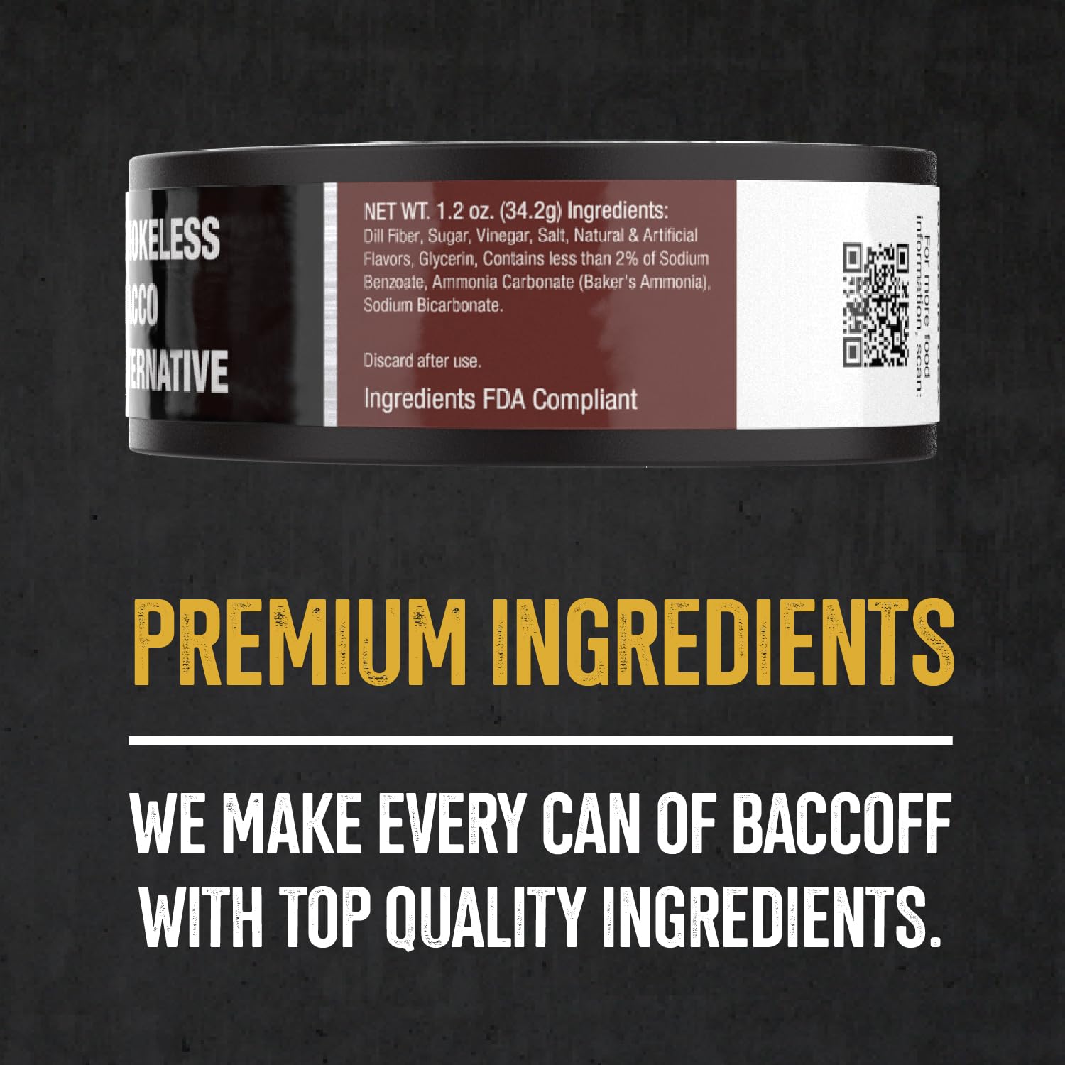 BACC OFF etiqueta con ingredientes y manufactura artesanal como ventaja