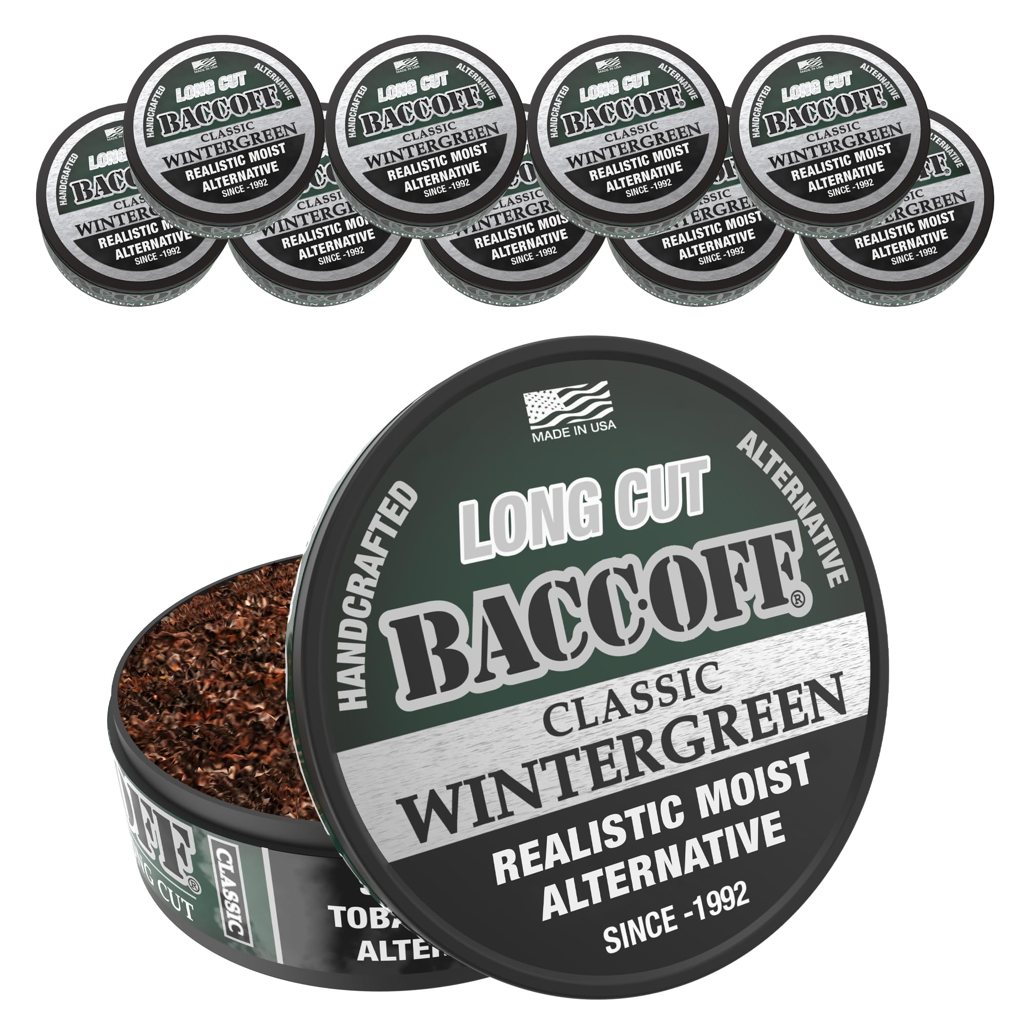 BACC OFF lata frontal mostrando sabor wintergreen y comodidad de agarre