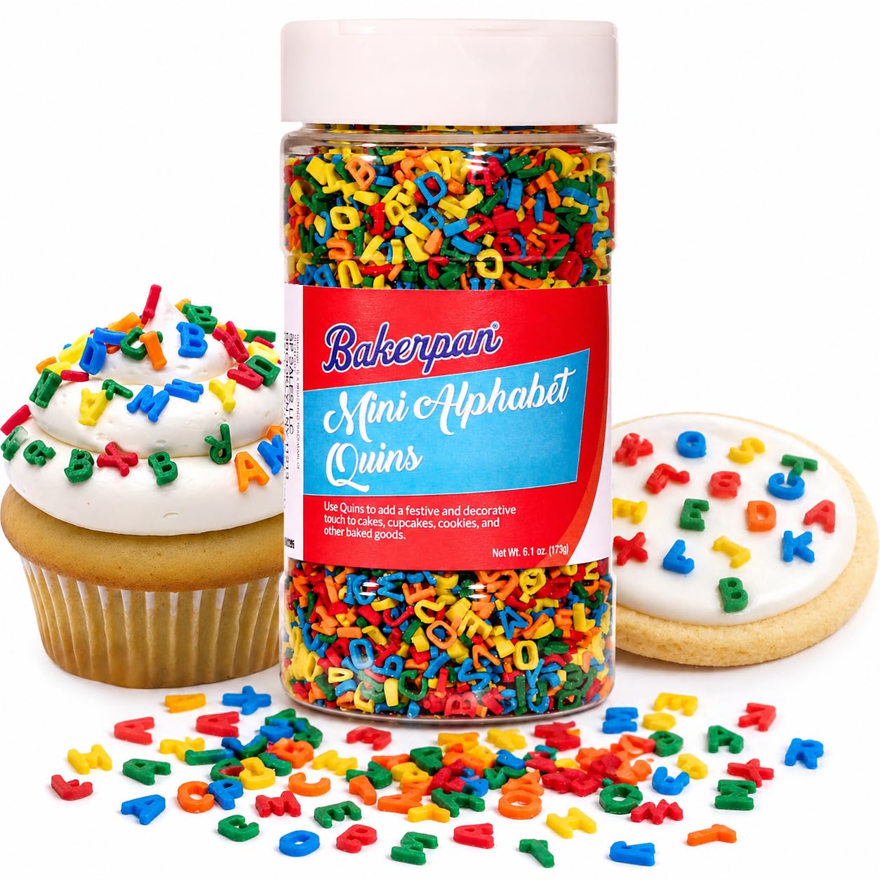 Bakerpan envase frontal mostrando sprinkles alfabeto y cantidad