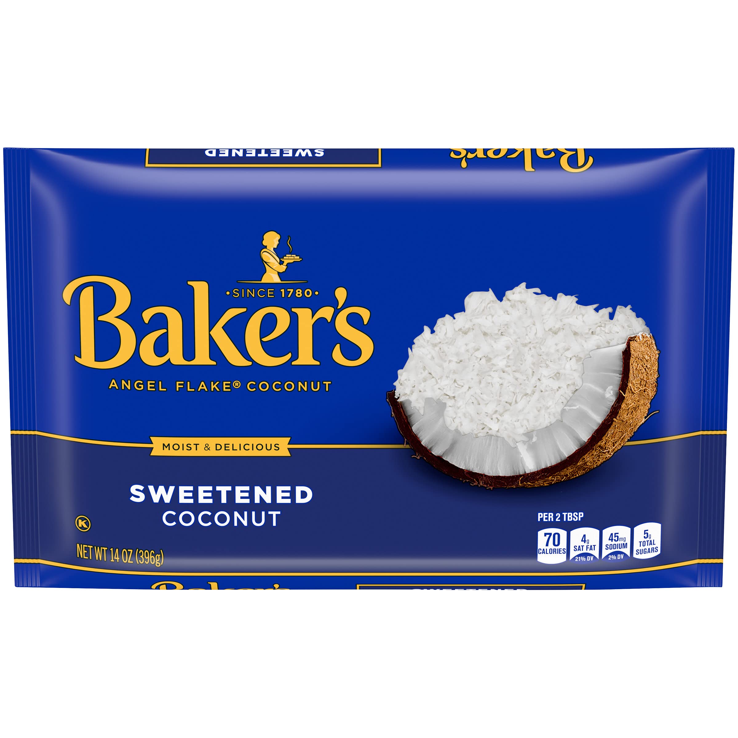 Baker's empaque frontal del coco azucarado mostrando la marca y presentación