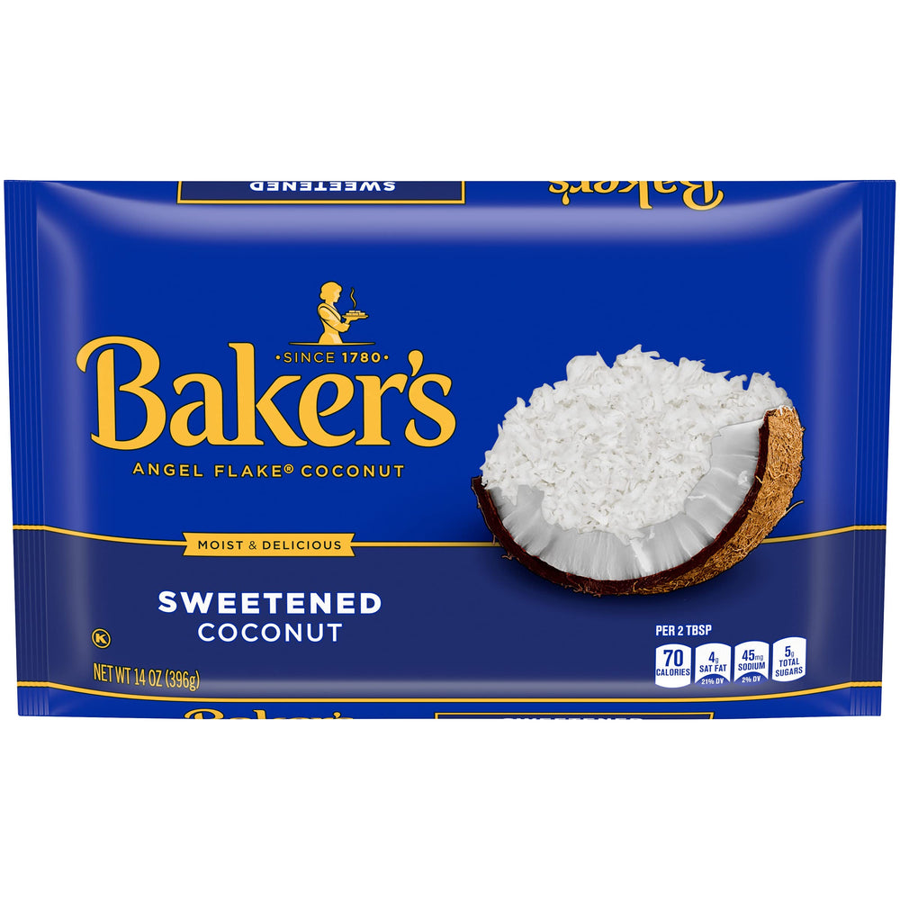 Baker's empaque frontal del coco azucarado mostrando la marca y presentación