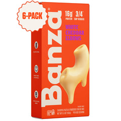 Banza empaque frontal mac and cheese mostrando caja naranja y beneficios