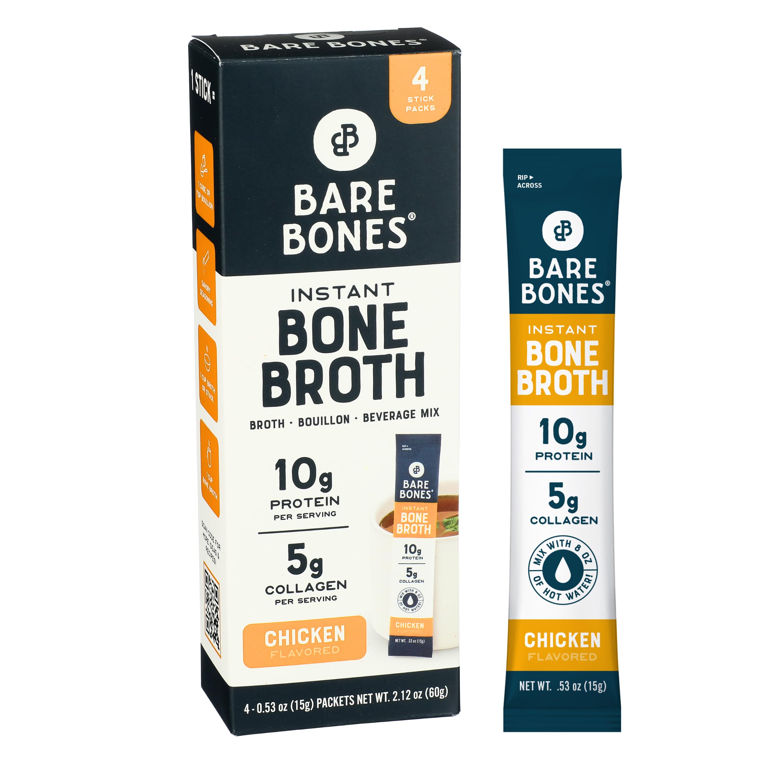 Bare Bones empaque frontal mostrando sobres portátiles y beneficios