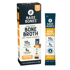 Bare Bones empaque frontal mostrando sobres portátiles y beneficios