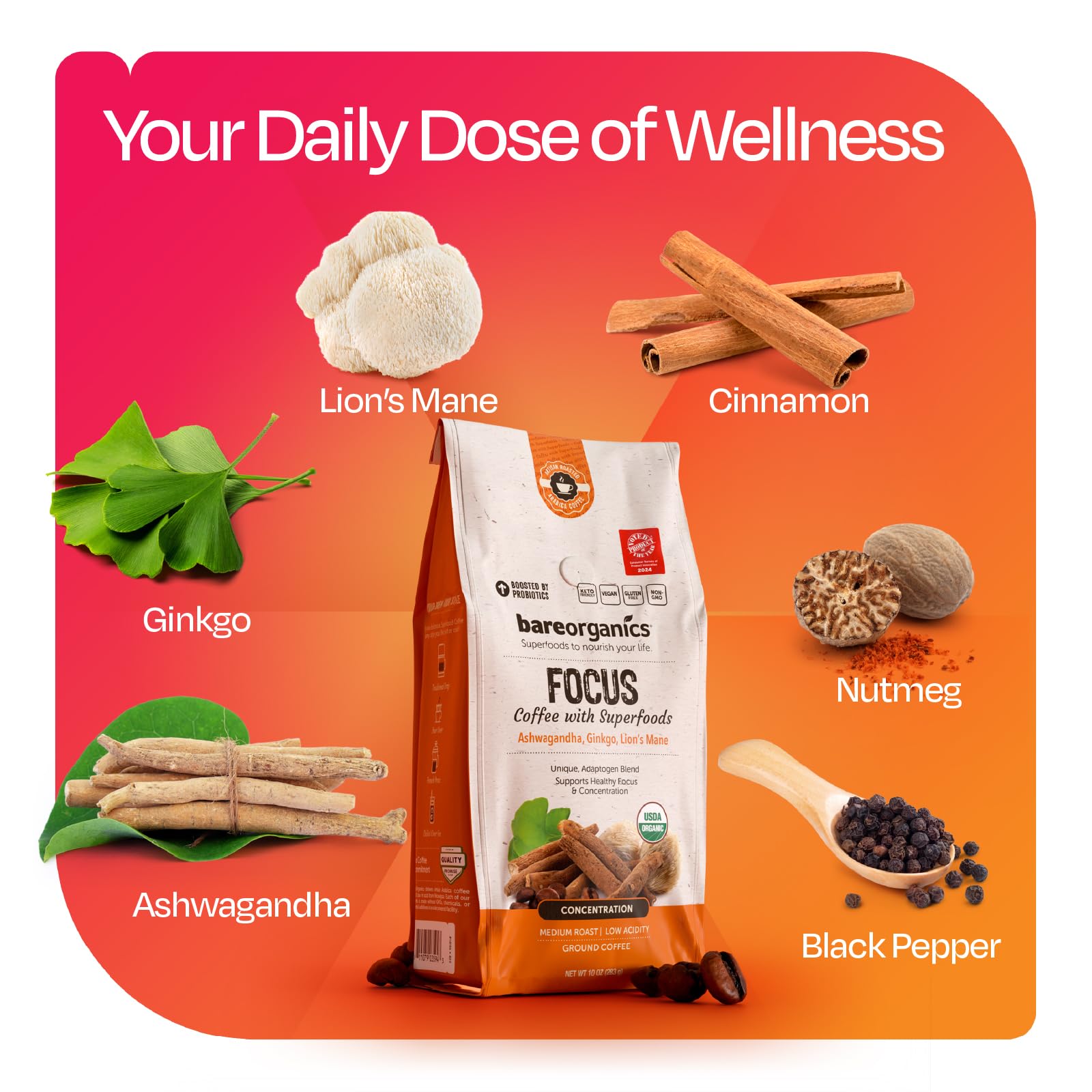BareOrganics etiqueta con lista de ingredientes y certificaciones visibles