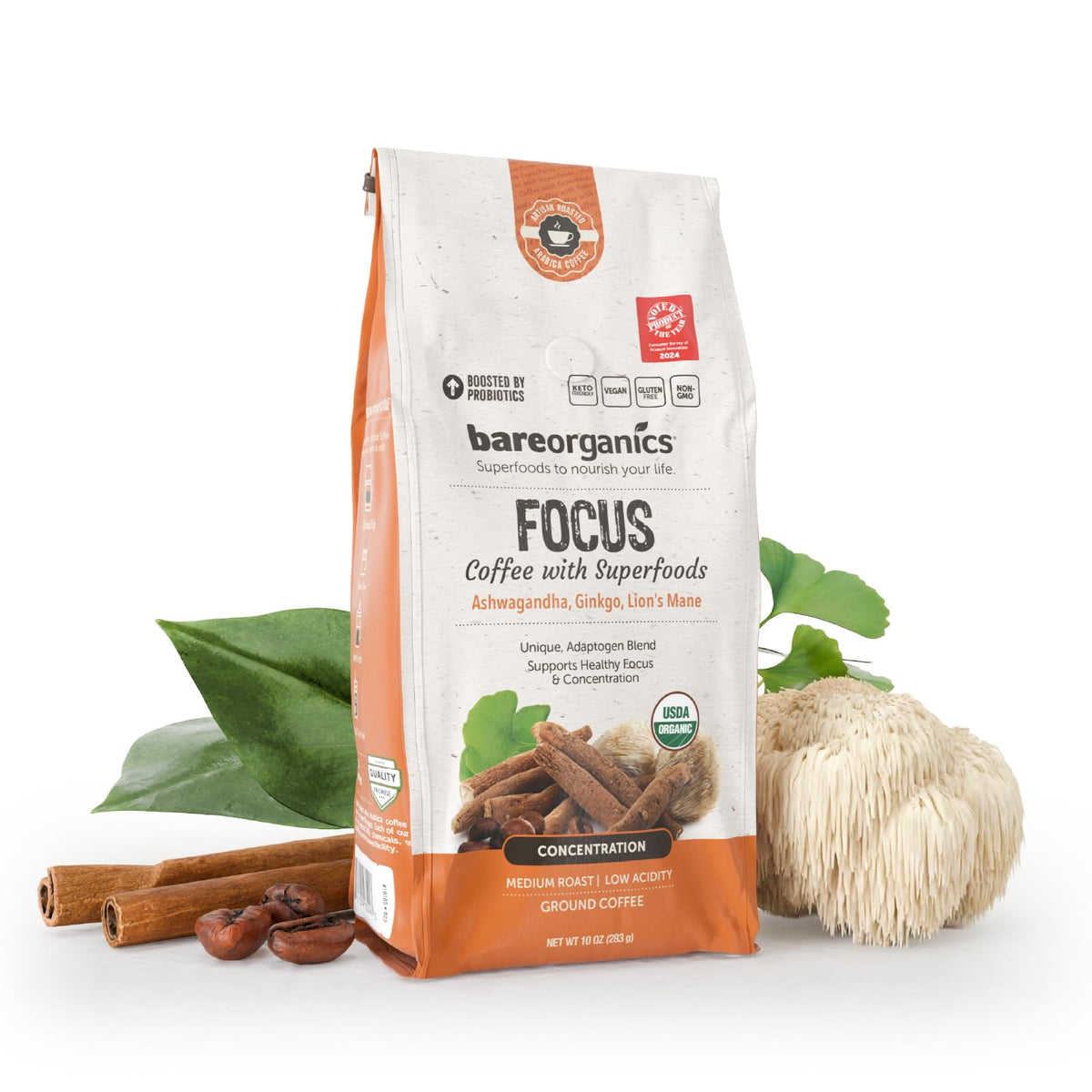BareOrganics paquete frontal mostrando sello orgánico y beneficios