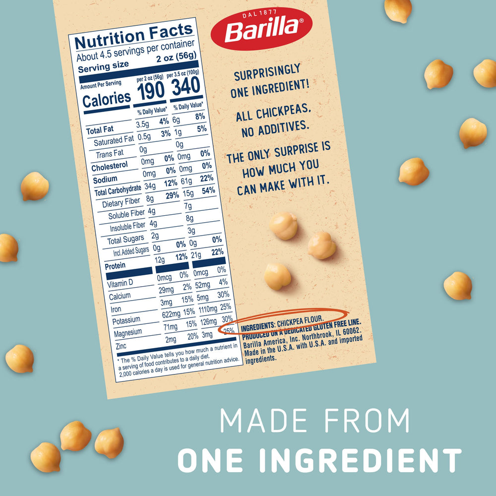 Barilla Chickpea Penne etiqueta detalle mostrando ingredientes y certificaciones claras
