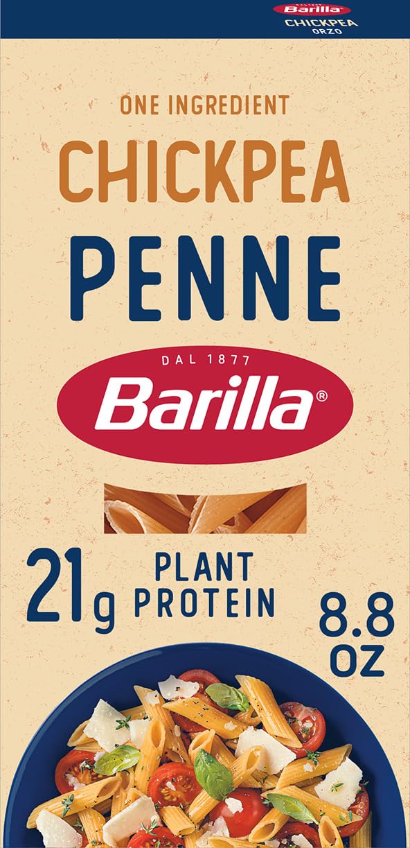 Barilla Chickpea Penne caja frontal mostrando formato y cantidad, conveniencia inmediata