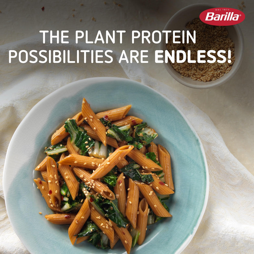 Barilla Chickpea Penne comparación de tamaño en mano para referencia de porción