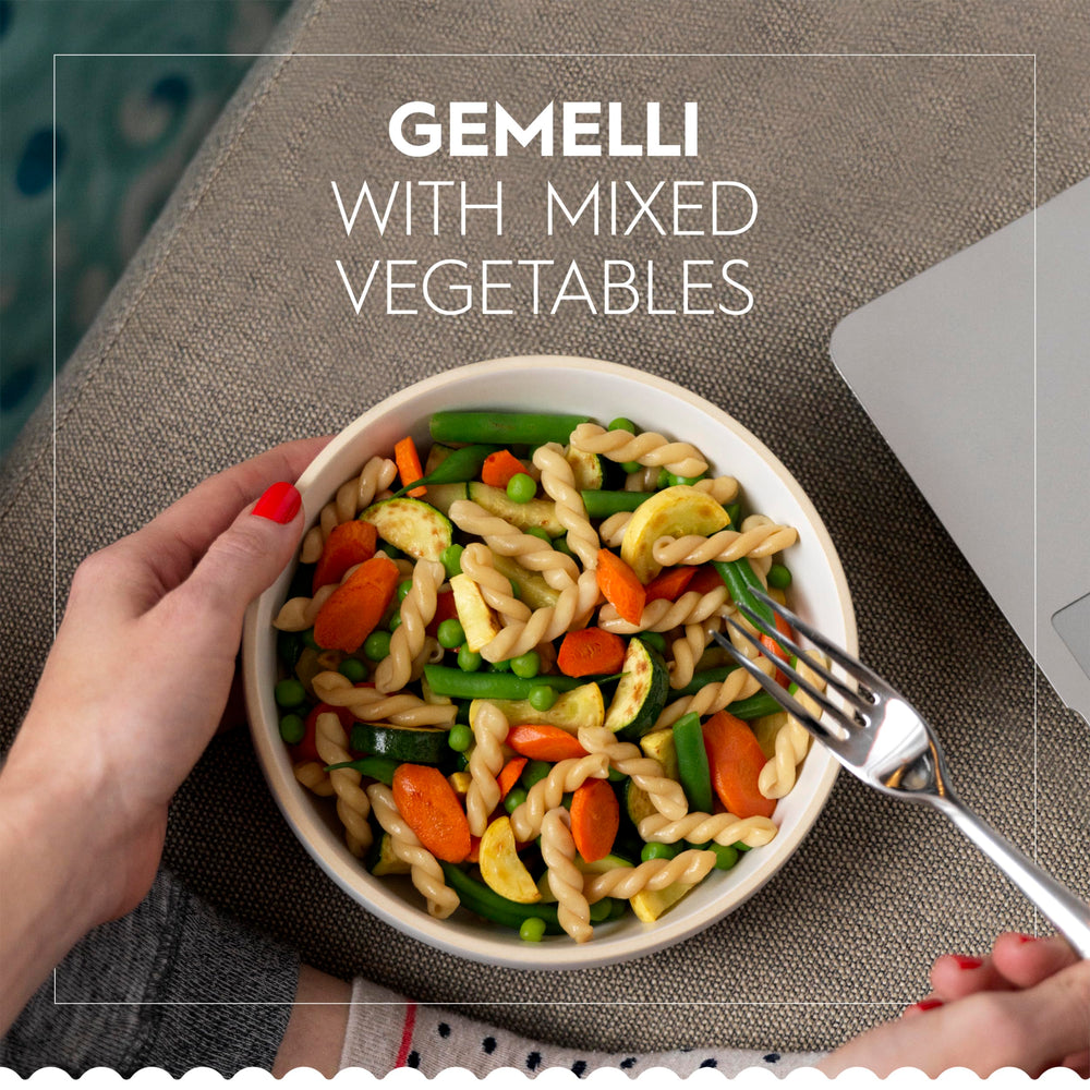 Sobre Barilla gemelli abierto con pasta lista, rapidez y preparación fácil