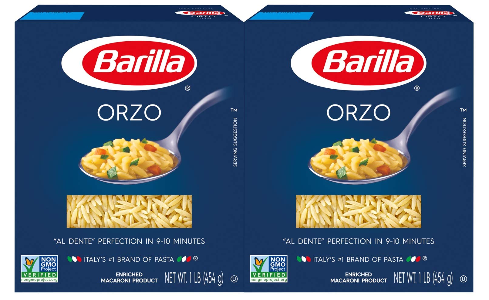 Barilla Orzo envase frontal mostrando la pasta y rapidez de cocción