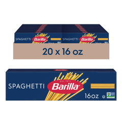 Barilla paquete frontal mostrando spaghetti y beneficios de cocción