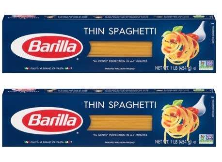 Barilla Thin Spaghetti paquete frente mostrando etiqueta y facilidad de cocción
