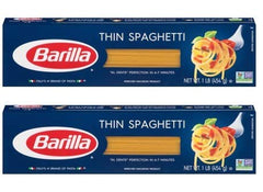 Barilla Thin Spaghetti paquete frente mostrando etiqueta y facilidad de cocción