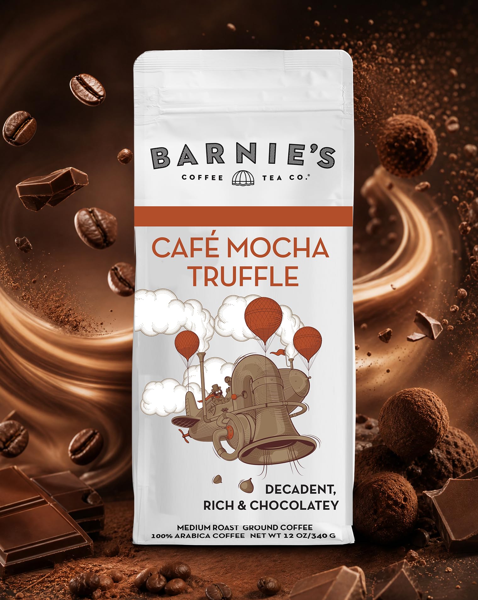 Barnie's Coffee Tea Co. granos y cacao destacando perfil a trufa