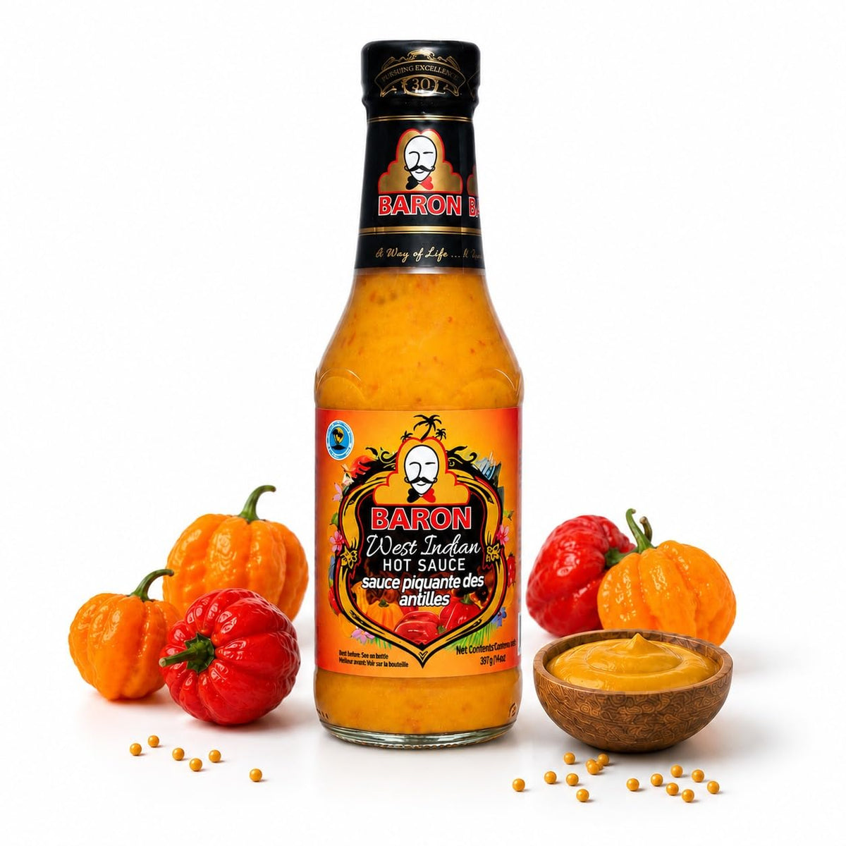 Baron botella frontal mostrando la marca y color vibrante, aporta sabor caribeño