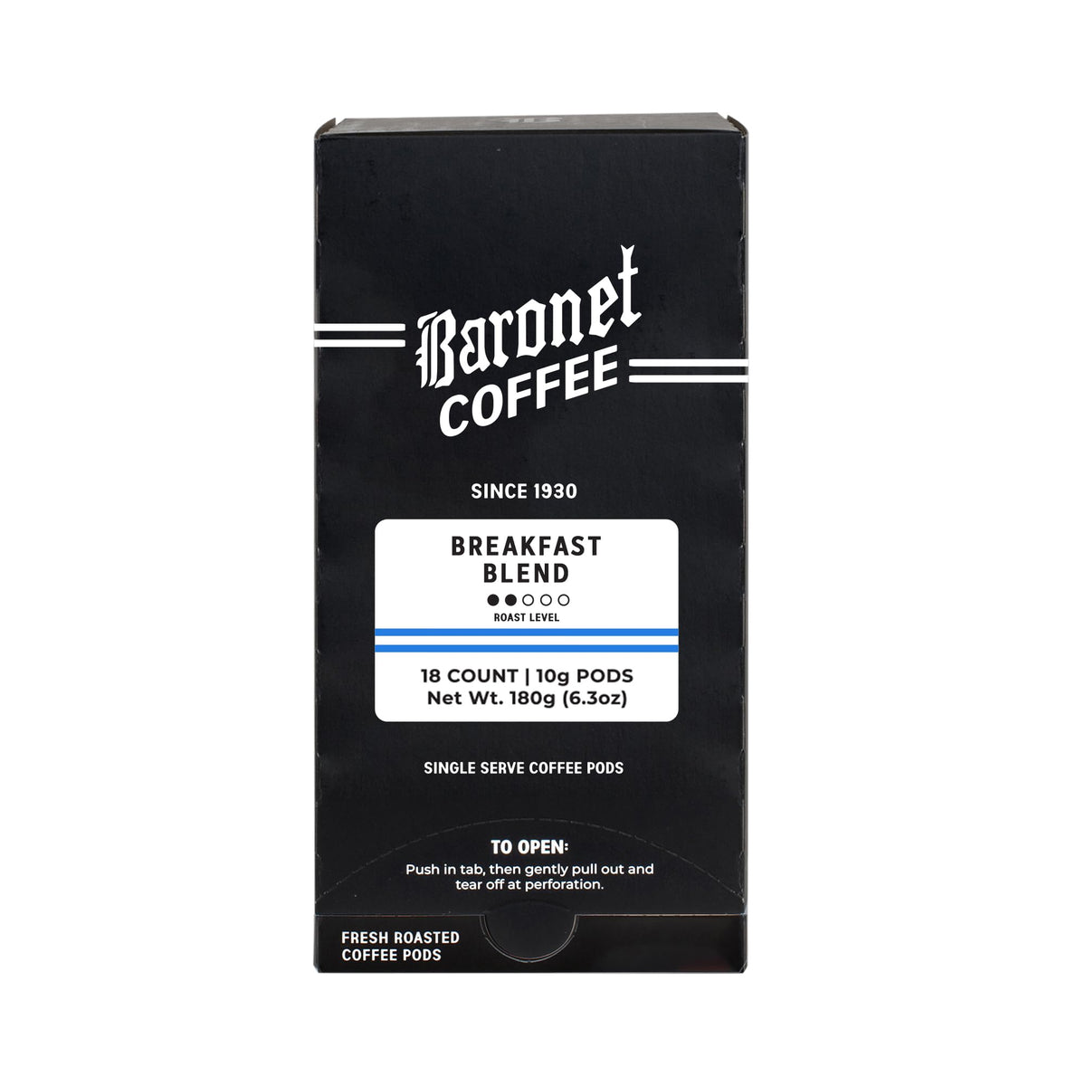 Baronet Coffee frente del paquete Breakfast Blend mostrando 54 pads y frescura