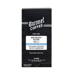 Baronet Coffee frente del paquete Breakfast Blend mostrando 54 pads y frescura