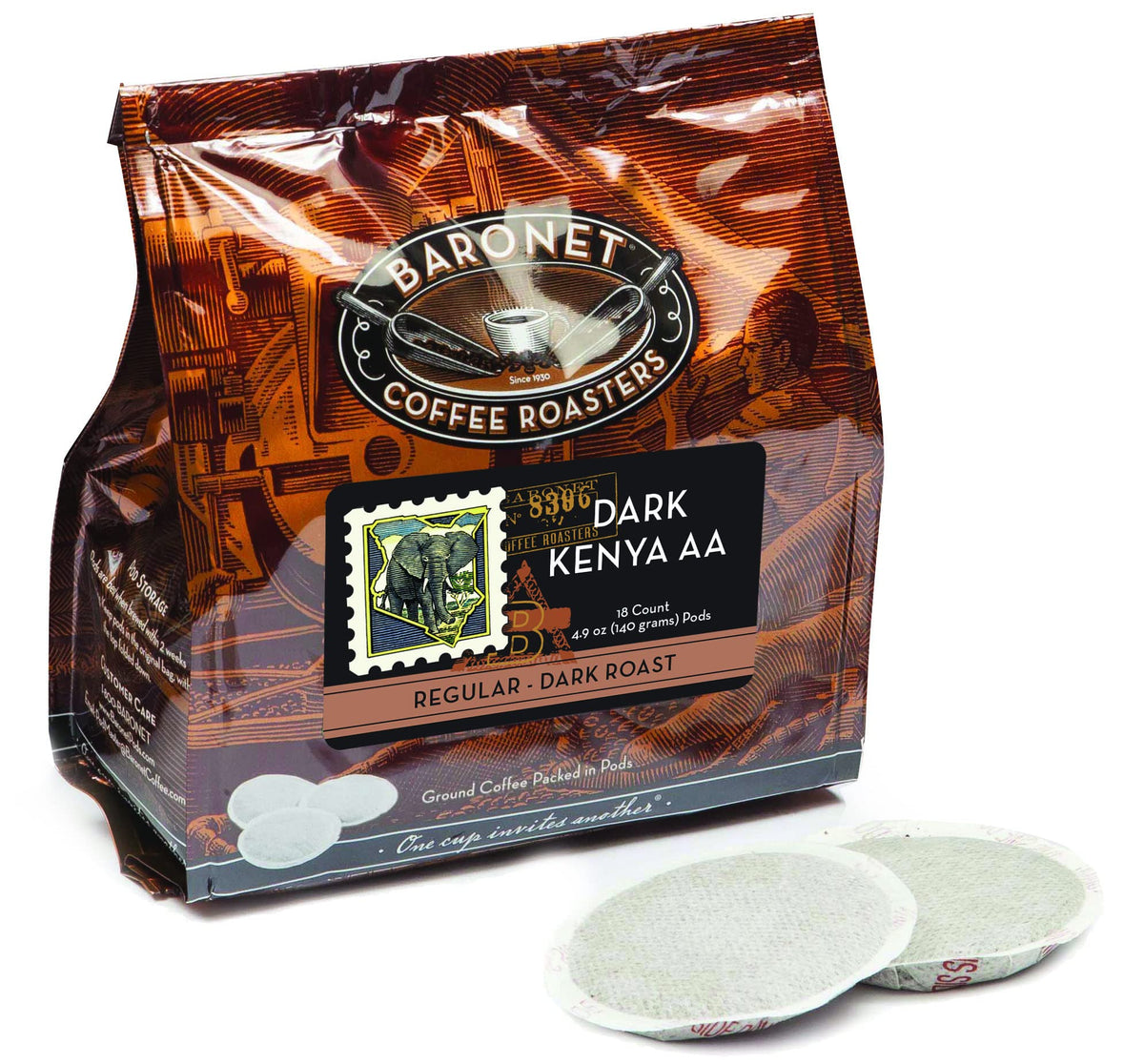 Baronet Coffee frontal del paquete mostrando 54 pads y beneficio de frescura