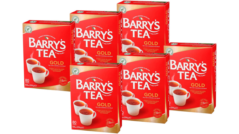 Barry's Tea frente del empaque Gold Blend mostrando marca y beneficio de sabor consistente