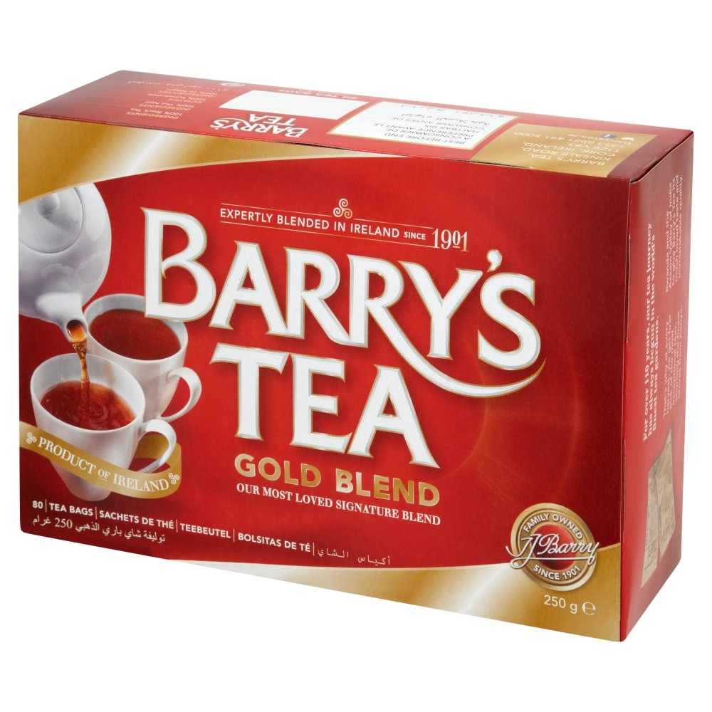 Barry's Tea vista frontal del paquete con 80 bolsitas, conveniencia y sabor consistente