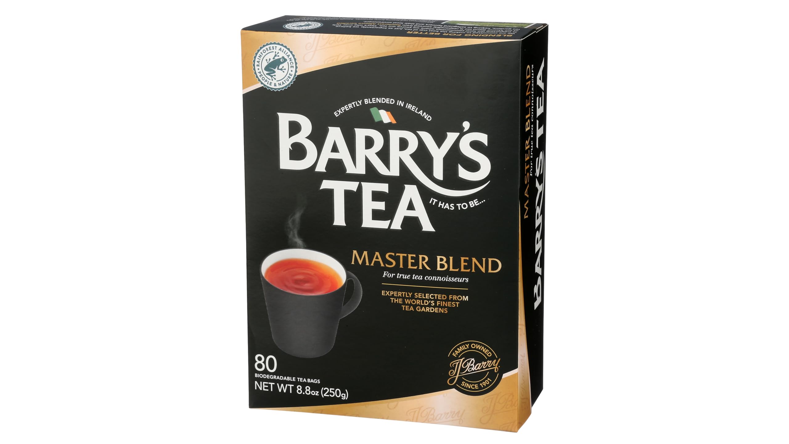 Barry's Tea caja frontal mostrando 80 sobres y ventaja de suministro prolongado