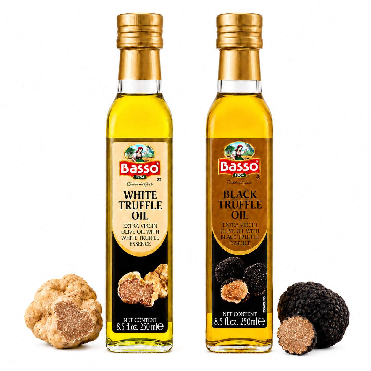 Basso botellas frente mostrando set trufa negra y blanca y presentación premium