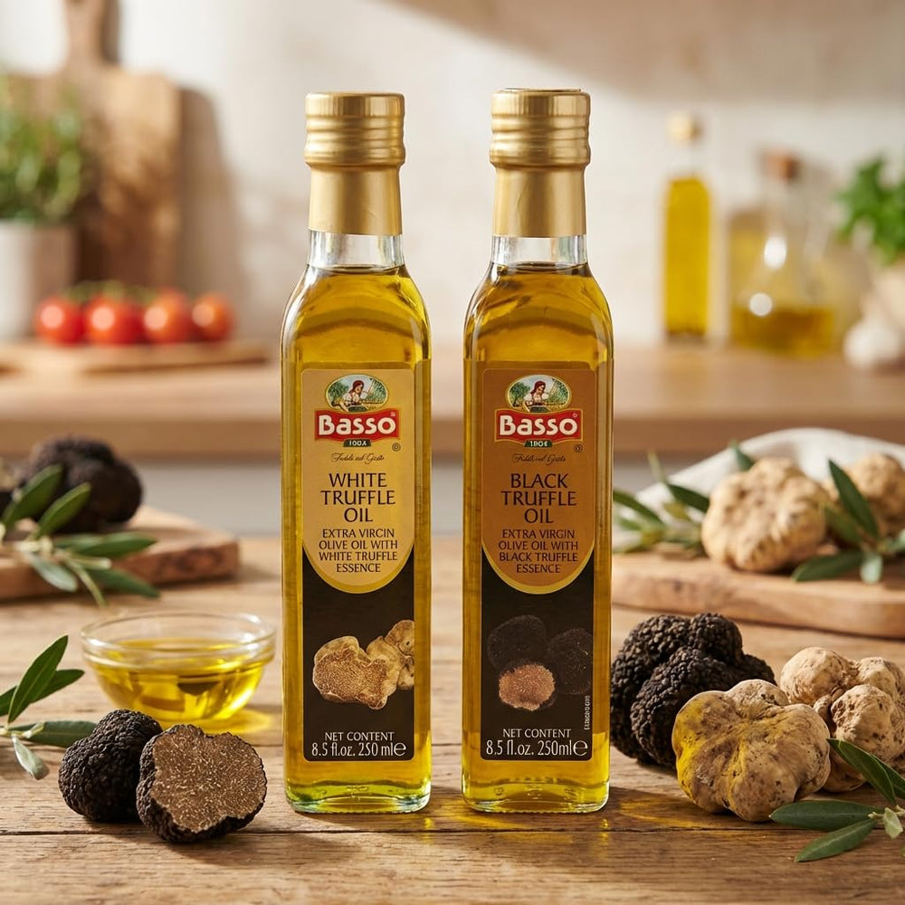 Basso detalle etiqueta que destaca aceite extra virgen y origen trufa