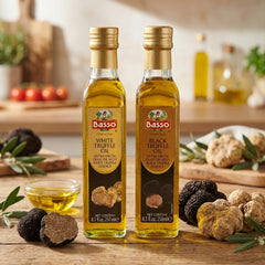 Basso detalle etiqueta que destaca aceite extra virgen y origen trufa