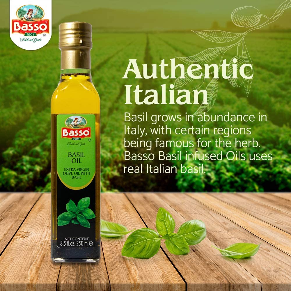 Basso aceite terminado sobre ensalada realza presentación