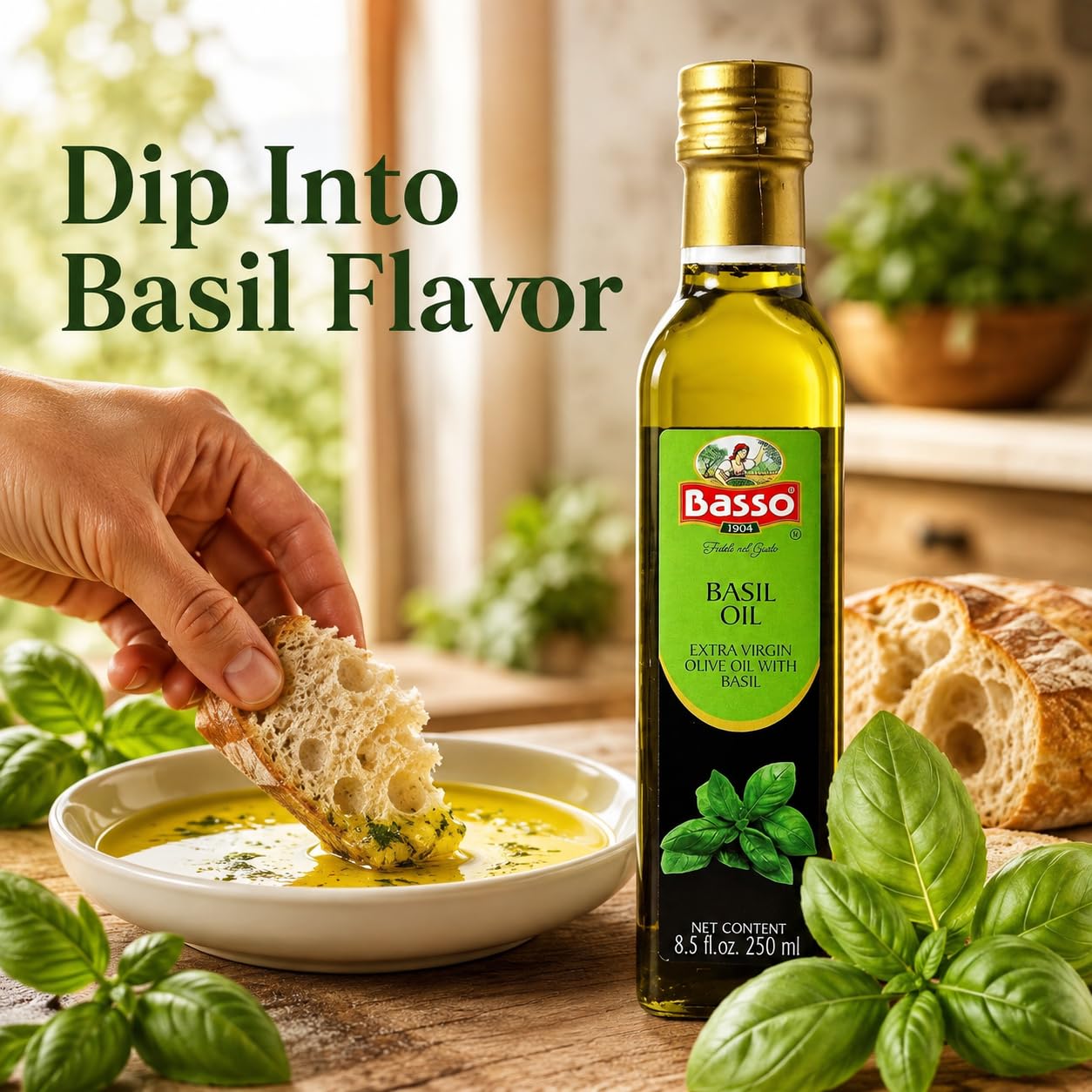 Basso aceite de albahaca en plato blanco mostrando textura