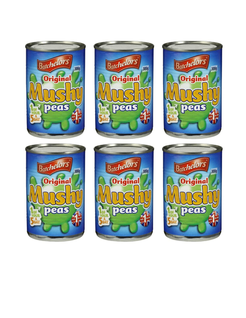 Batchelors mushy peas vista frontal de la lata mostrando la marca y fácil uso