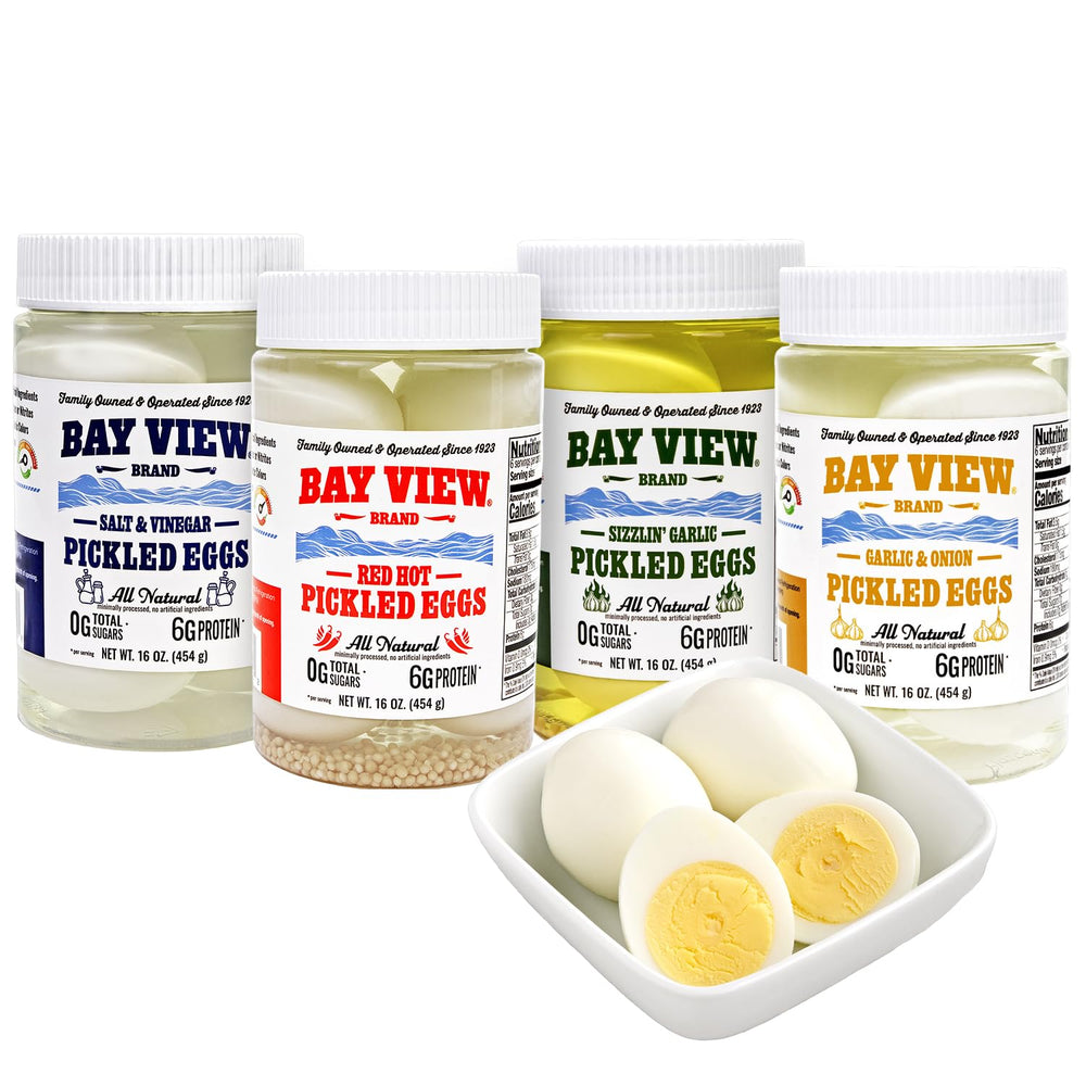 BAY VIEW BRAND frontal del pack variedad 16 oz mostrando etiquetas y ventajas