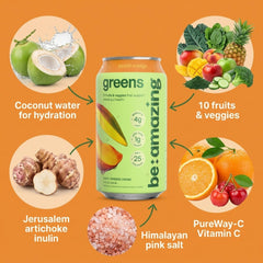 Be Amazing etiqueta Peach Mango con lista de 10 frutas y vitaminas destacadas
