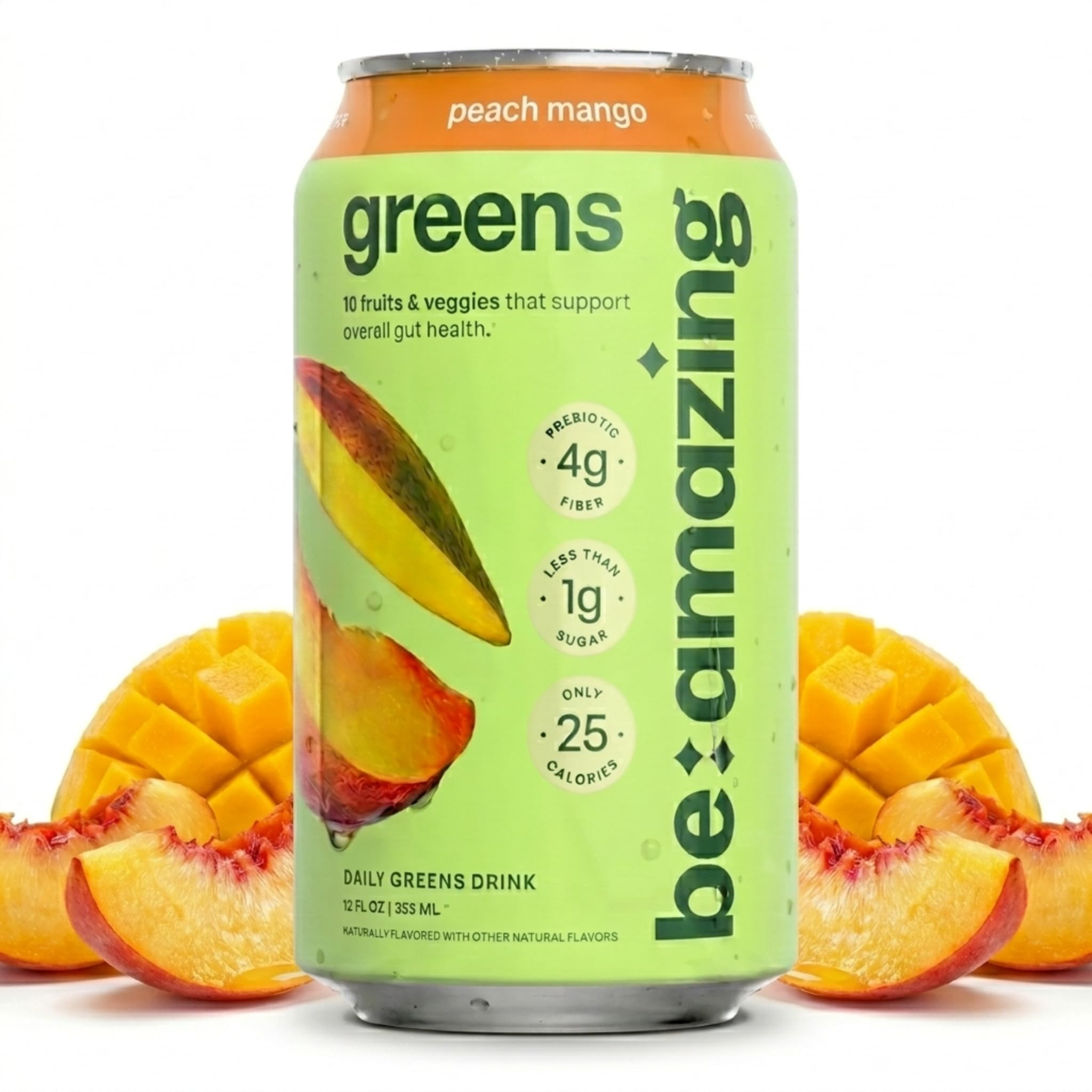 Be Amazing lata frontal Peach Mango mostrando diseño y beneficios visibles