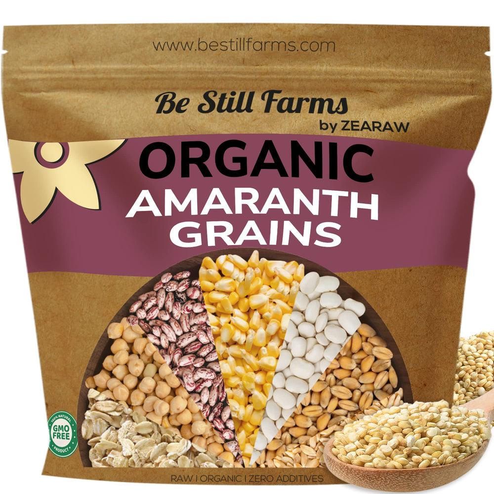 Be Still Farms bolsa frontal de amaranto orgánico mostrando el tamaño y empaque