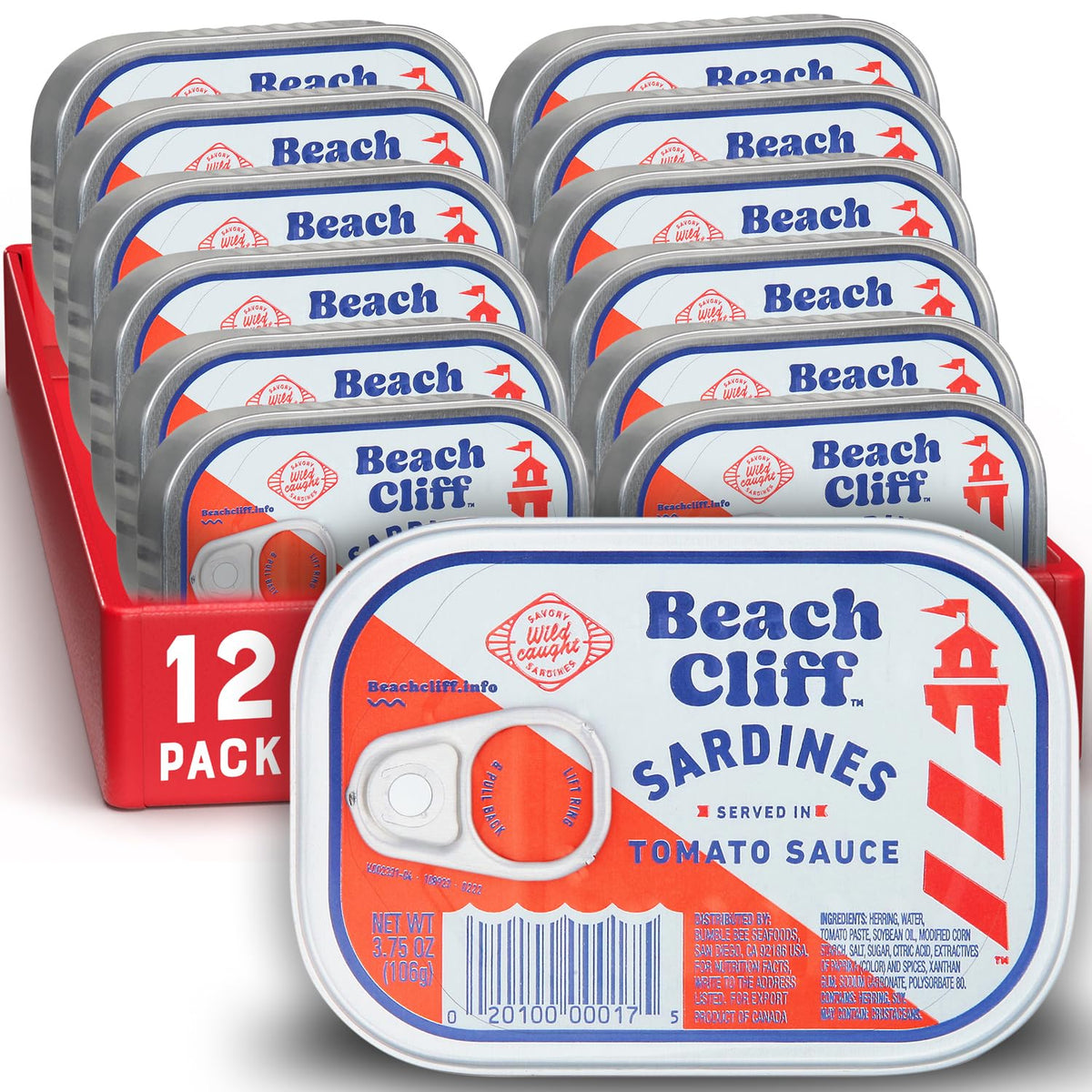 Beach Cliff lata frontal mostrando sardinas en salsa, conveniencia lista para comer