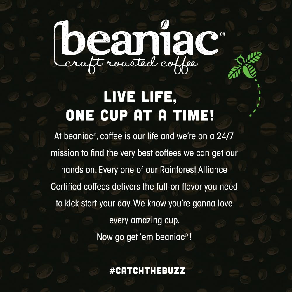 beaniac etiqueta con certificaciones orgánicas y Rainforest Alliance visibles