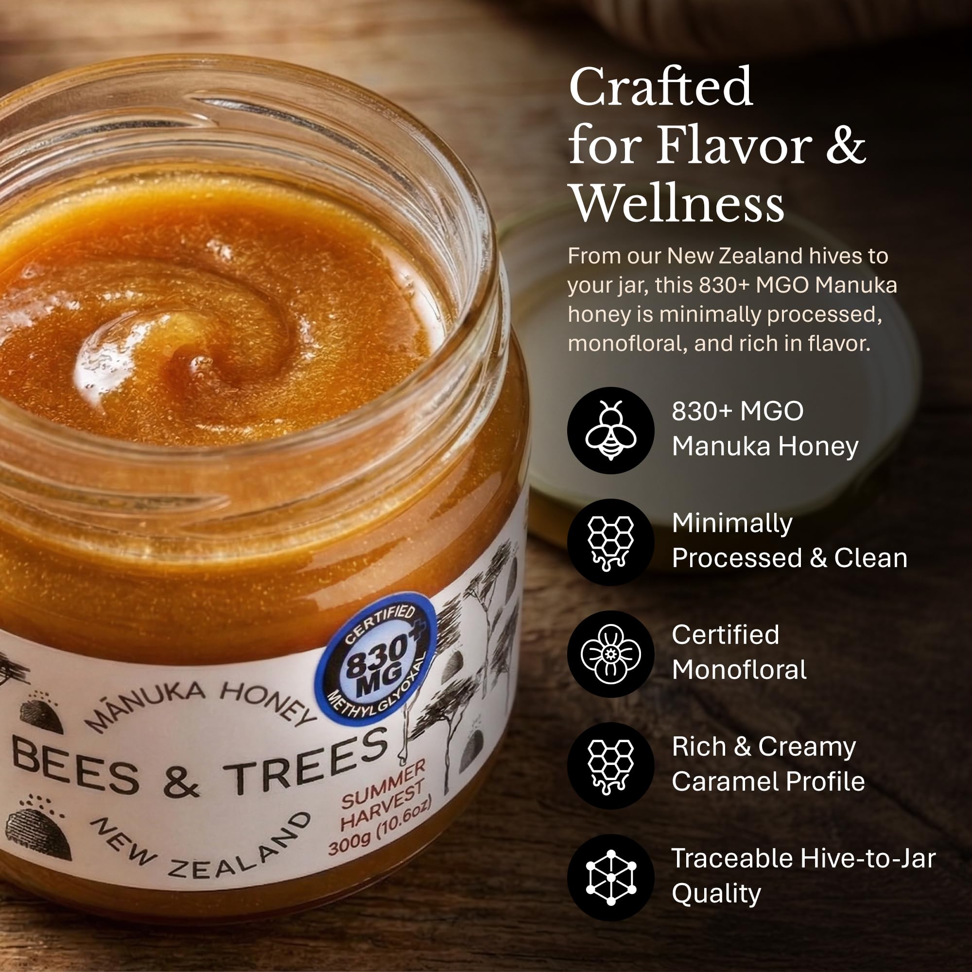 Bees & Trees etiqueta y certificado de análisis en primer plano, confianza