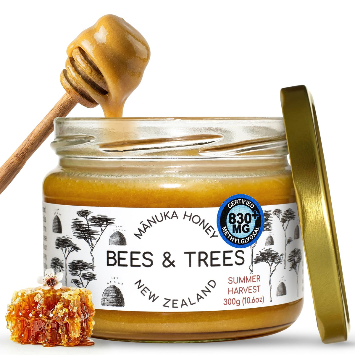 Bees & Trees tarro frontal mostrando etiqueta y vidrio, calidad visible
