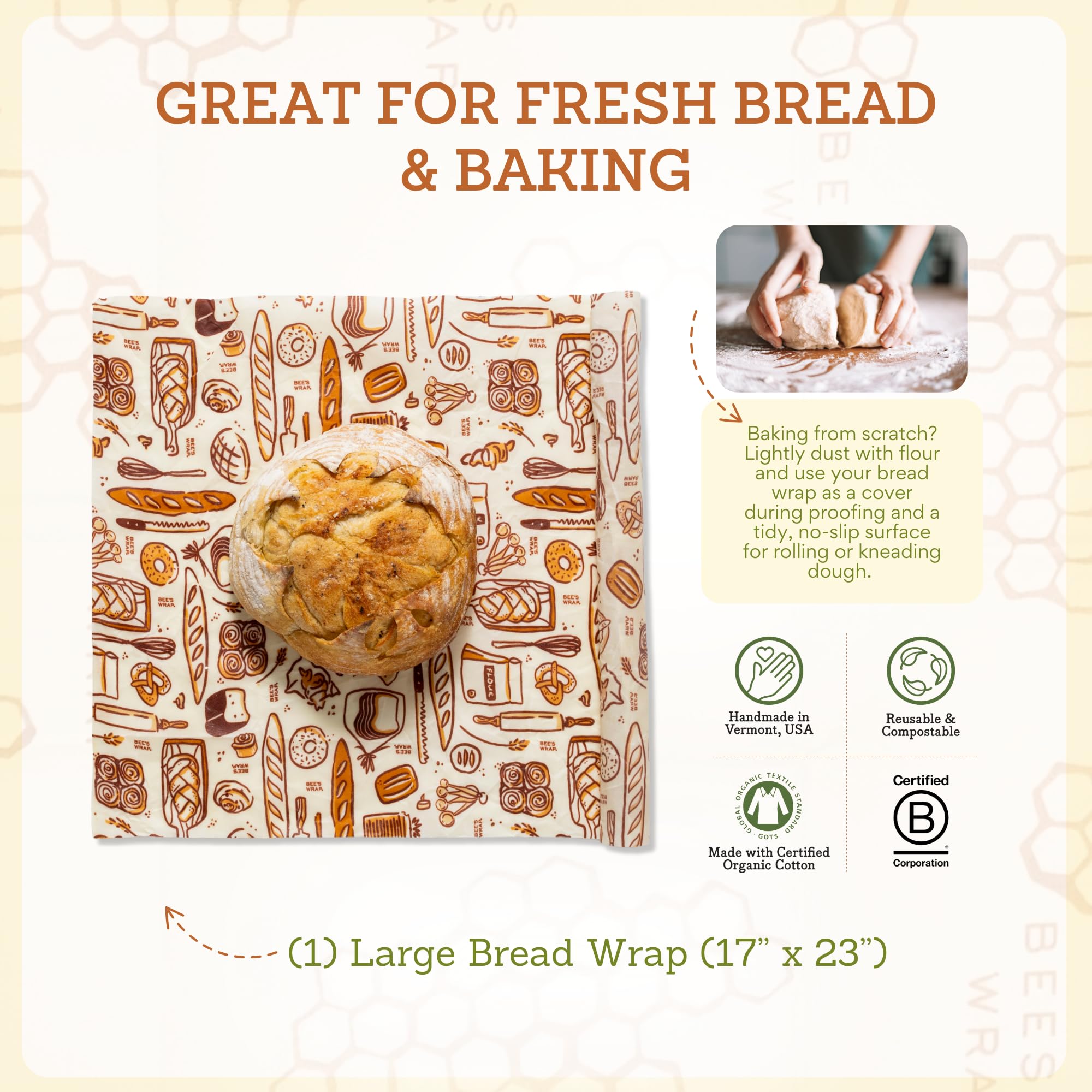 Bee's Wrap cubriendo una baguette, demuestra ajuste y protección contra resequedad