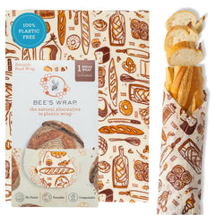 Bee's Wrap vista frontal del empaque que muestra el estampado panadería y sostenibilidad