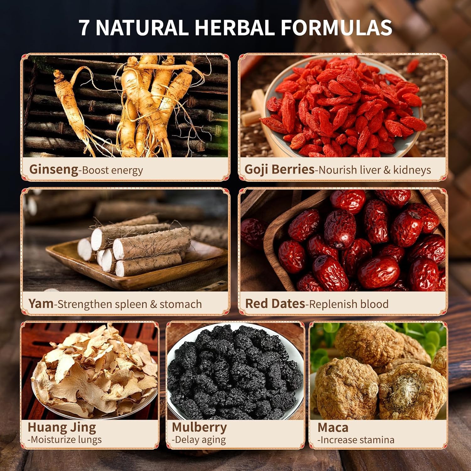 BeleePlanner ingredientes secos mezclados destacando ginseng y wolfberry, mezcla natural