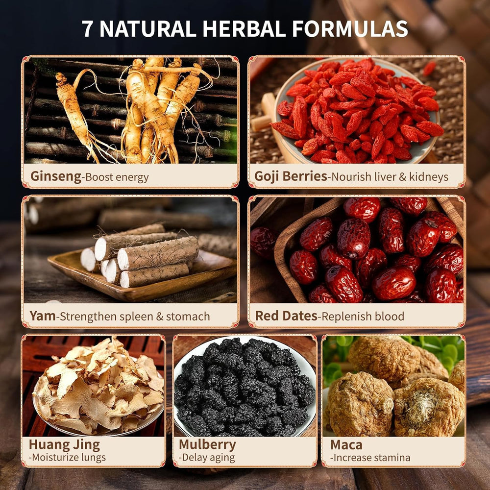 BeleePlanner ingredientes secos mezclados destacando ginseng y wolfberry, mezcla natural