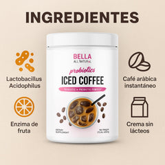 Bella All Natural café helado servido en vaso, bebida refrescante y lista