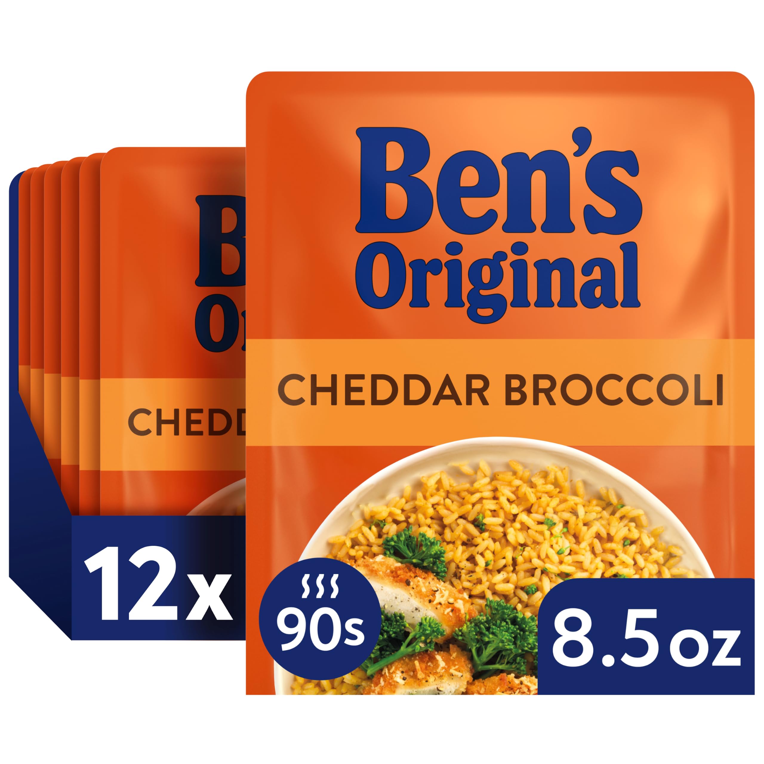 Ben's Original empaque frontal mostrando sabor cheddar y brócoli y conveniencia