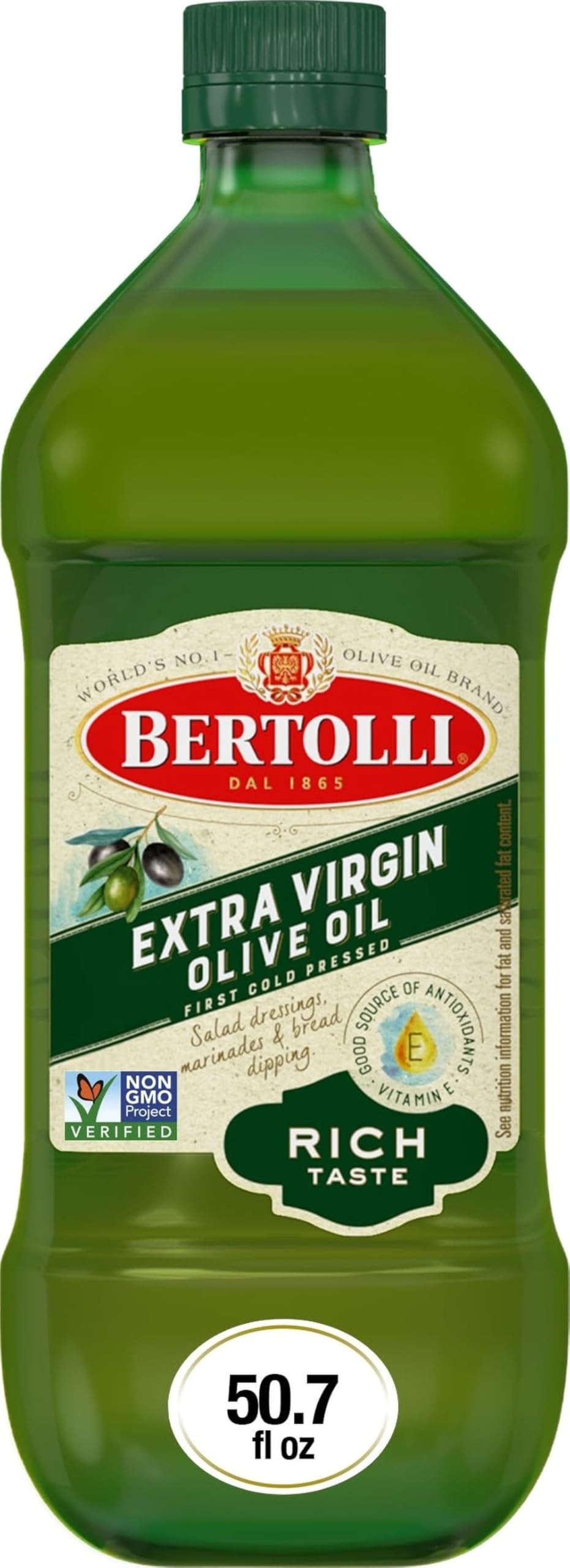 Bertolli botella frontal 50.7 fl oz mostrando tamaño y diseño, ideal para reposición
