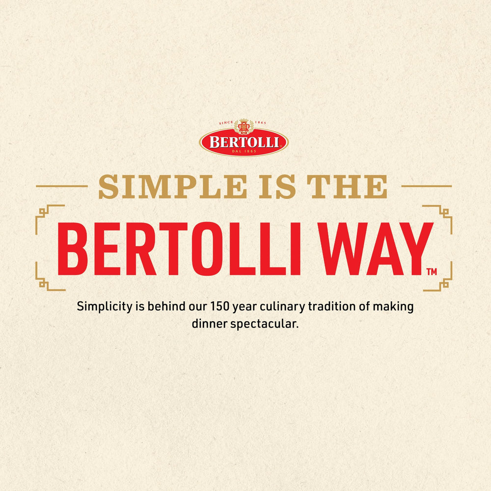 Bertolli etiqueta con ingredientes resaltando tomates y mezcla de quesos